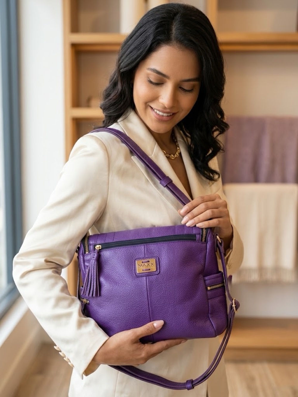 MAXX New York Purple Leather Tassel Crossbody Bag